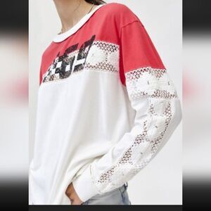 NWT bdg rugby  Spliced Long Sleeve Floral crochet detailed Top size S